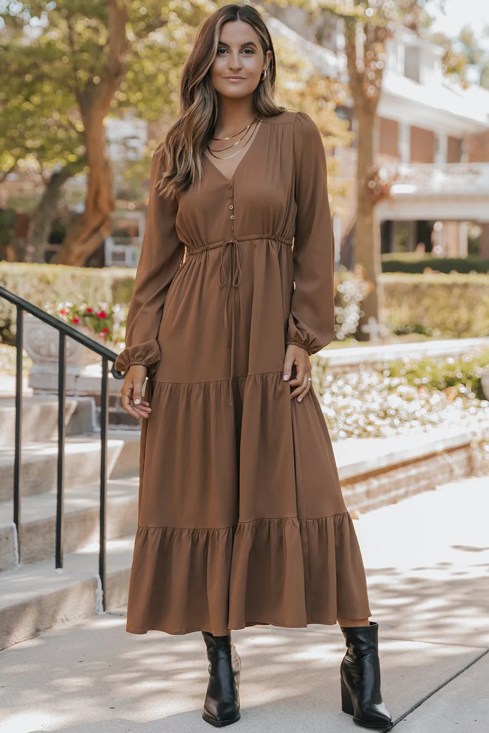 Long Sleeve Button V-Neck Tiered Maxi Dress sold by Beagle Boutique product image thumbnail 5
