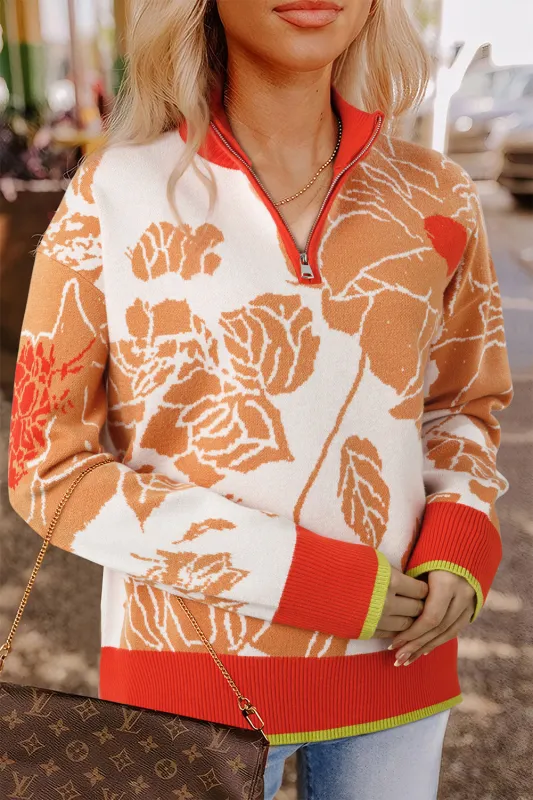 Floral Half Zip Collared Pullover Sweater sold by Beagle Boutique