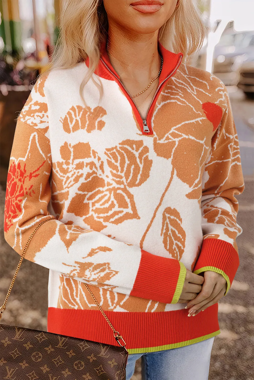 Floral Half Zip Collared Pullover Sweater sold by Beagle Boutique