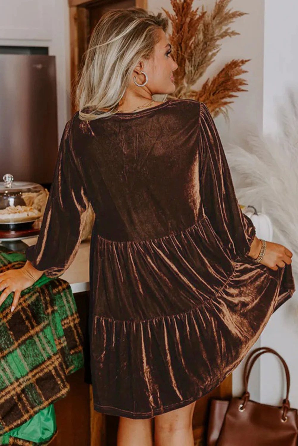 Brown Velvet V-Neck Long Sleeve Tiered Mini Dress sold by Beagle Boutique product image thumbnail 2