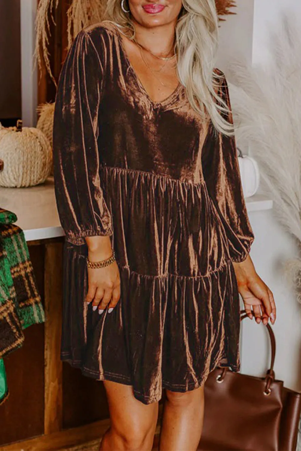 Brown Velvet V-Neck Long Sleeve Tiered Mini Dress sold by Beagle Boutique