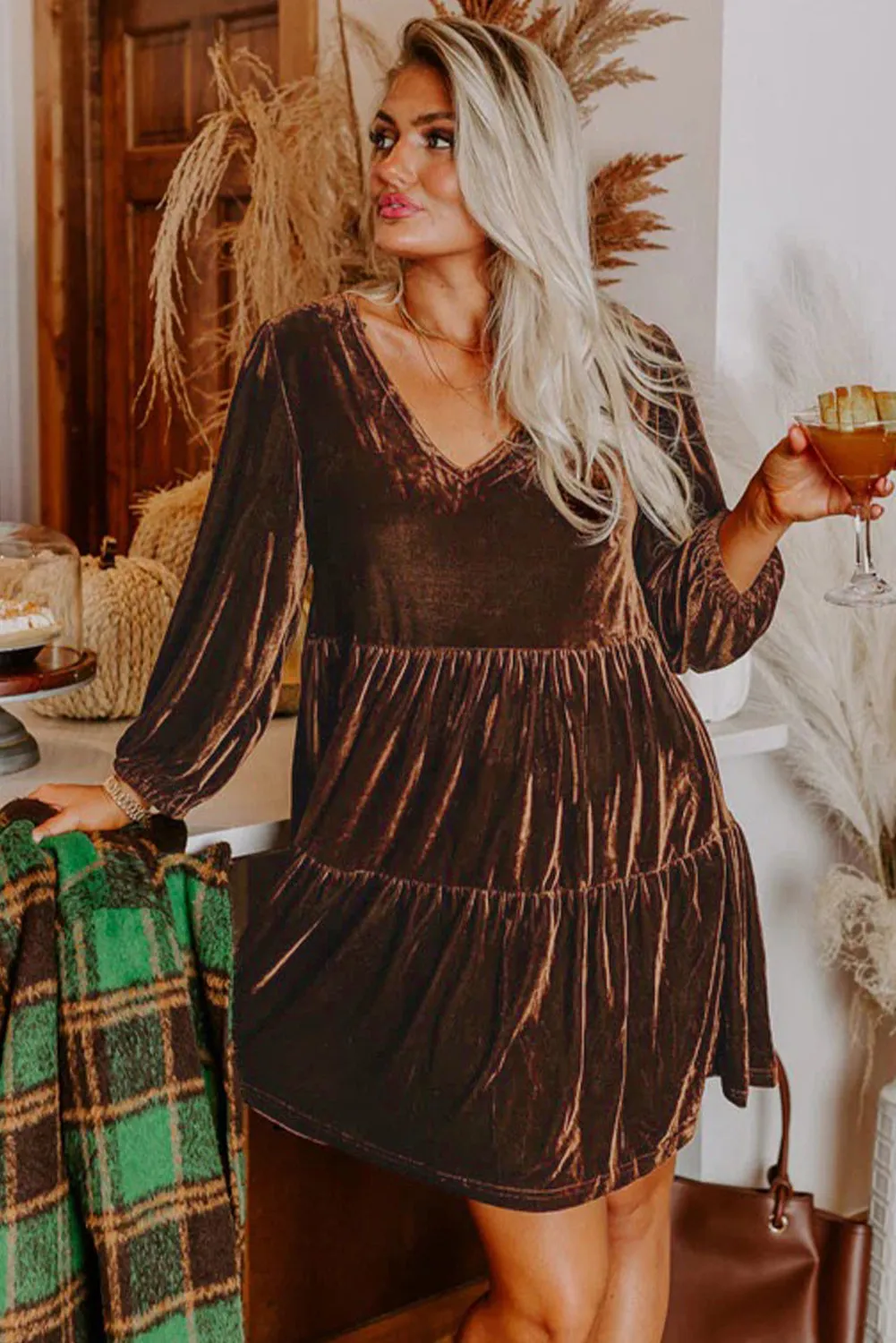Brown Velvet V-Neck Long Sleeve Tiered Mini Dress sold by Beagle Boutique product image thumbnail 4