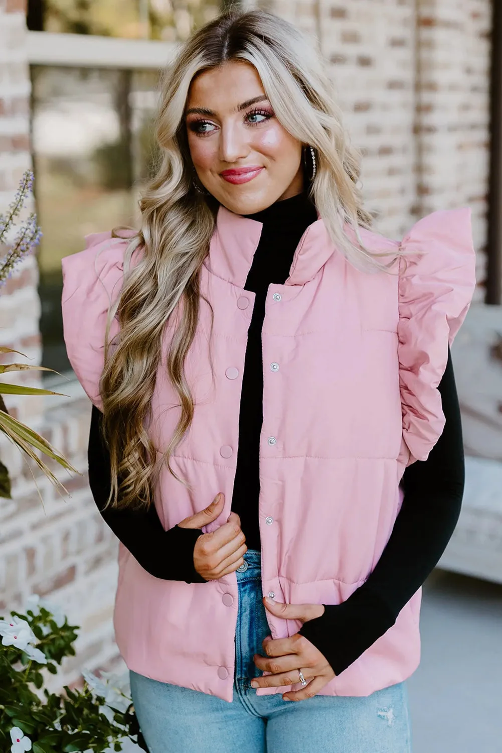 Pink Stand Neck Flutter Cap Sleeve Snap Button Puffer Vest sold by Beagle Boutique product image thumbnail 3