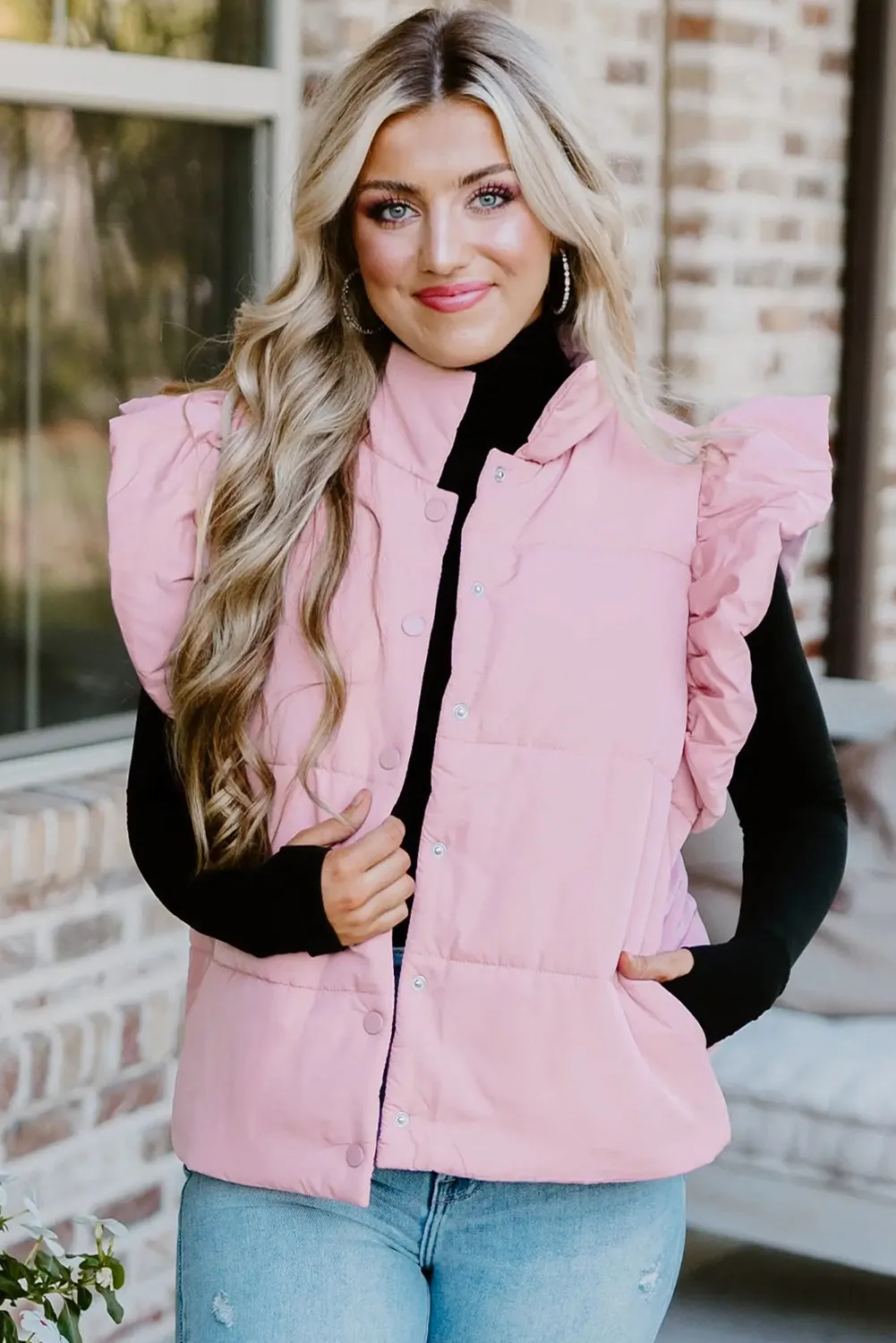 Pink Stand Neck Flutter Cap Sleeve Snap Button Puffer Vest sold by Beagle Boutique product image thumbnail 5
