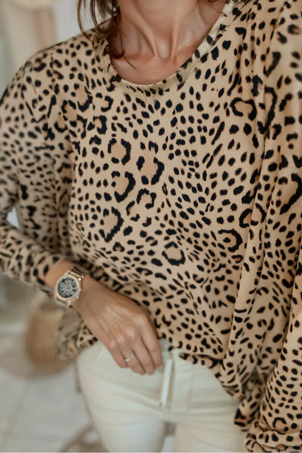 Khaki Leopard Print Long Batwing Sleeve Loose Top sold by Beagle Boutique product image thumbnail 2