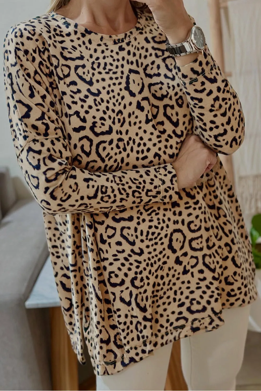 Khaki Leopard Print Long Batwing Sleeve Loose Top sold by Beagle Boutique
