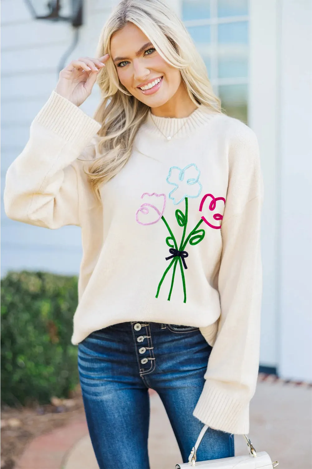 White Embroidered Flower Bouquet Ribbed Trim Loose Sweater sold by Beagle Boutique product image thumbnail 5