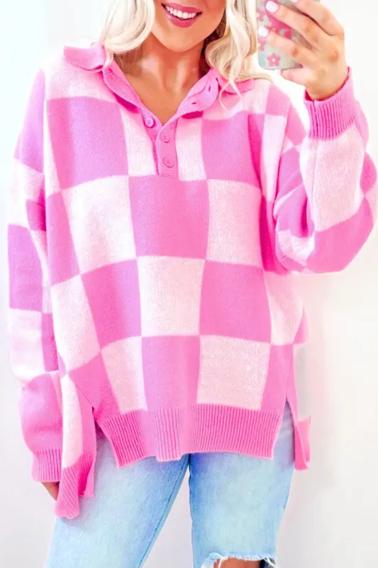 Pink Checkerboard Half Button Collared Drop Shoulder Sweater sold by Beagle Boutique