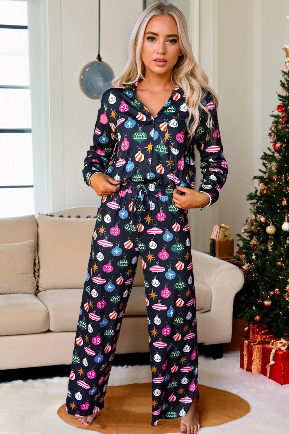 Navy Christmas Lights Print Shirt Pyjama Set sold by Beagle Boutique product image thumbnail 3