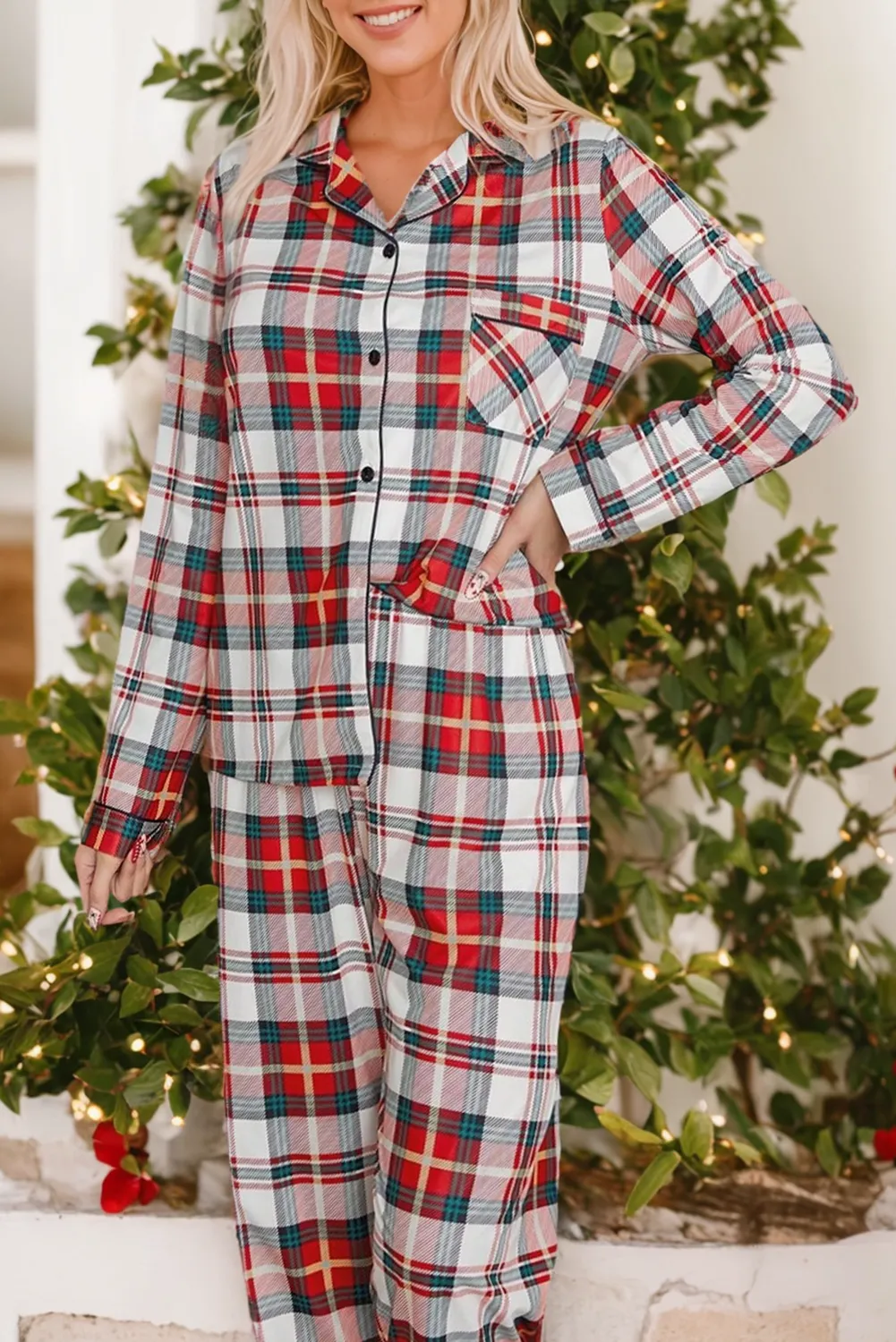 Red Christmas Plaid Print Two Piece Long-Sleeve Pyjama Set sold by Beagle Boutique product image thumbnail 3