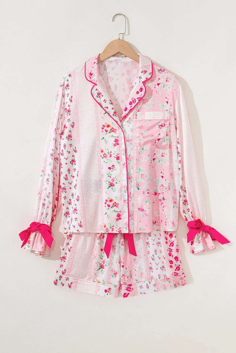 Pink Mixed Floral Print Contrast Piping Trim Satin Tie Pyjama Set sold by Beagle Boutique product image thumbnail 4