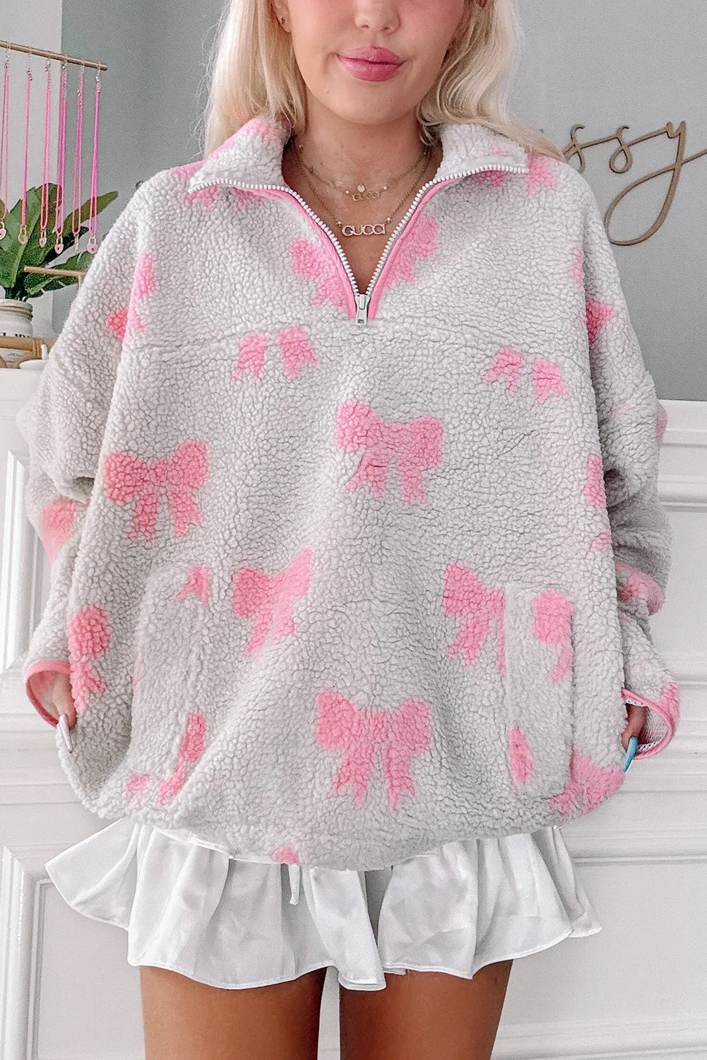 Grey Bow Sherpa Quarter Zip Drop Shoulder Baggy Sweatshirt sold by Beagle Boutique product image thumbnail 4