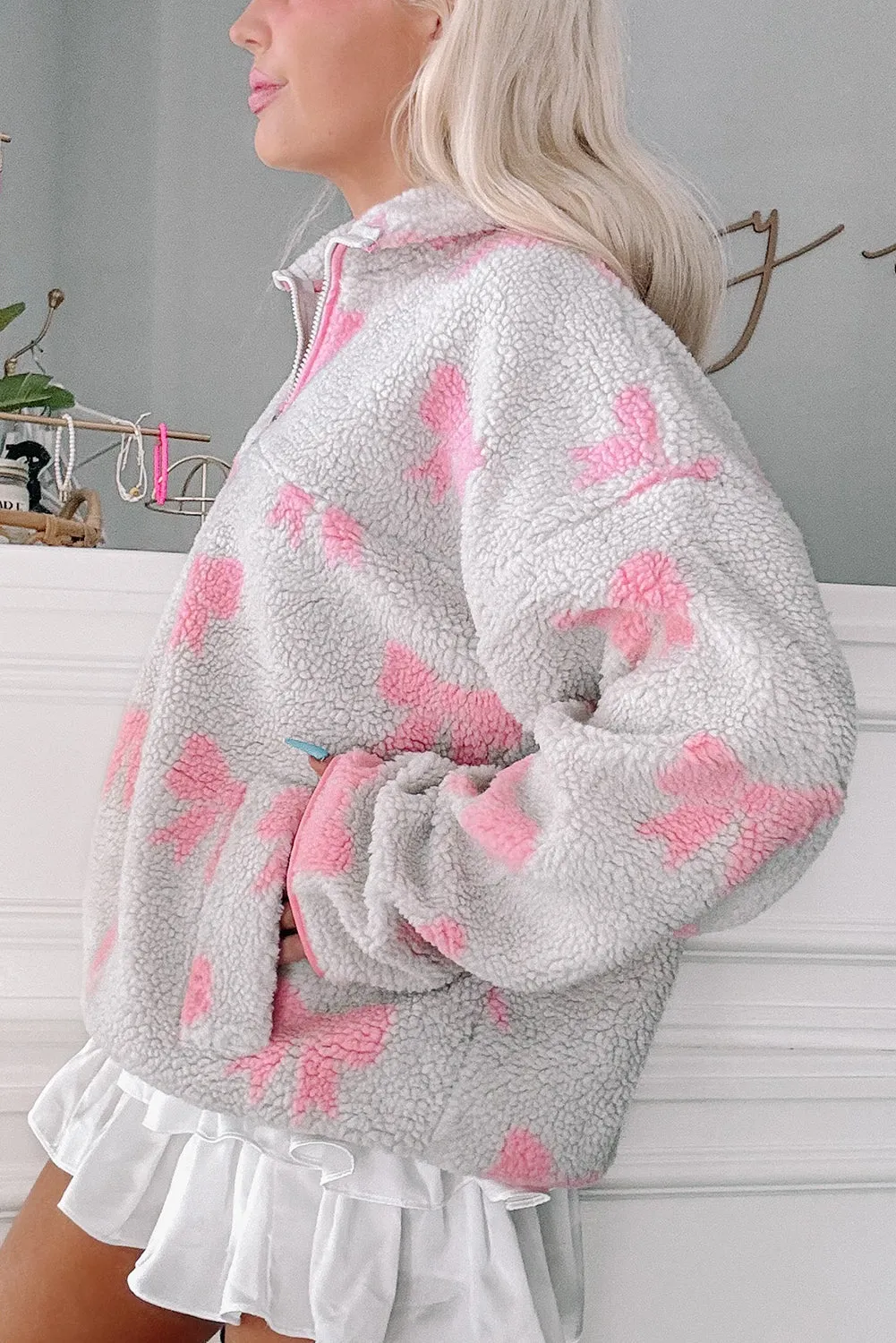 Grey Bow Sherpa Quarter Zip Drop Shoulder Baggy Sweatshirt sold by Beagle Boutique product image thumbnail 2