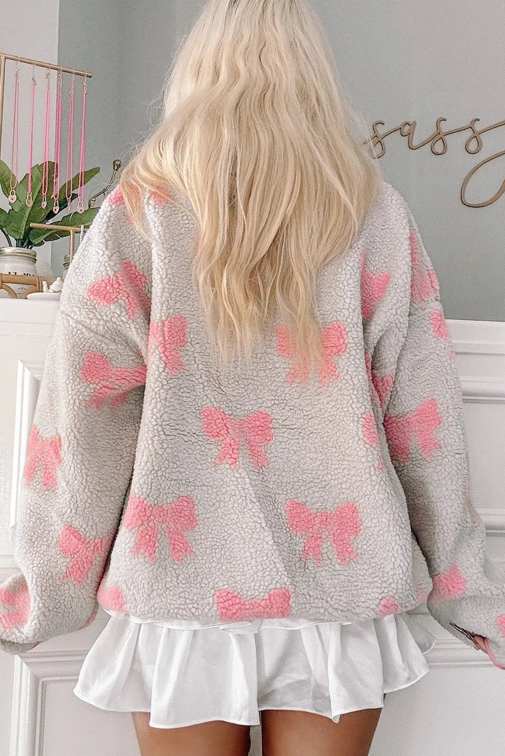 Grey Bow Sherpa Quarter Zip Drop Shoulder Baggy Sweatshirt sold by Beagle Boutique product image thumbnail 3