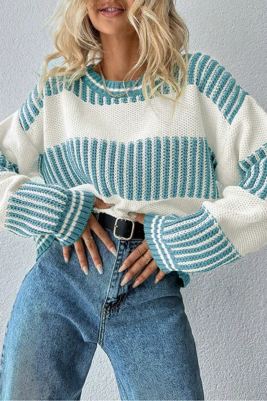 Two Tone Striped Patchwork Drop Shoulder Oversized Sweater sold by Beagle Boutique