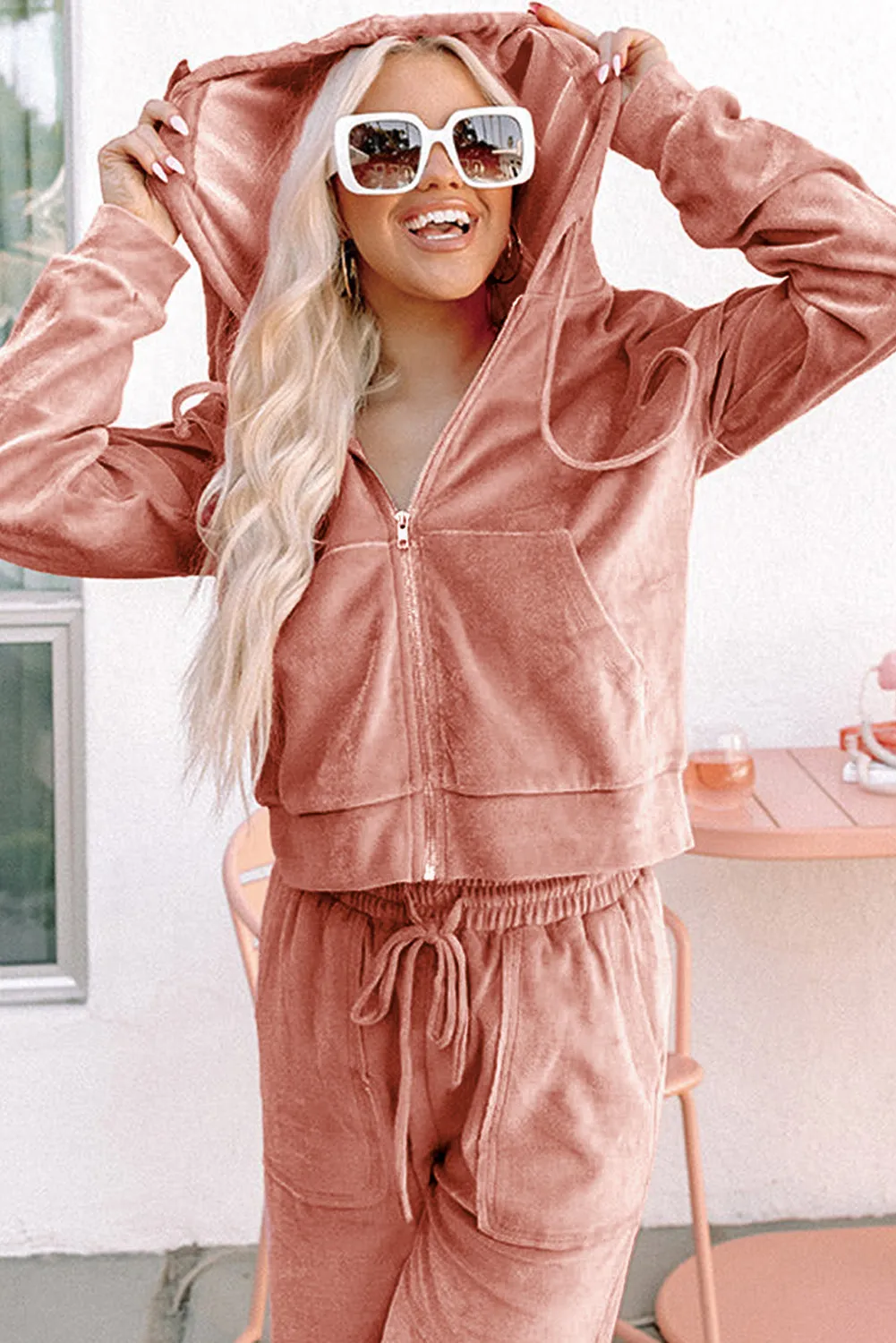 Peach Velvet Zip-up Hoodie and Wide Leg Trousers Co-ord Set sold by Beagle Boutique product image thumbnail 4