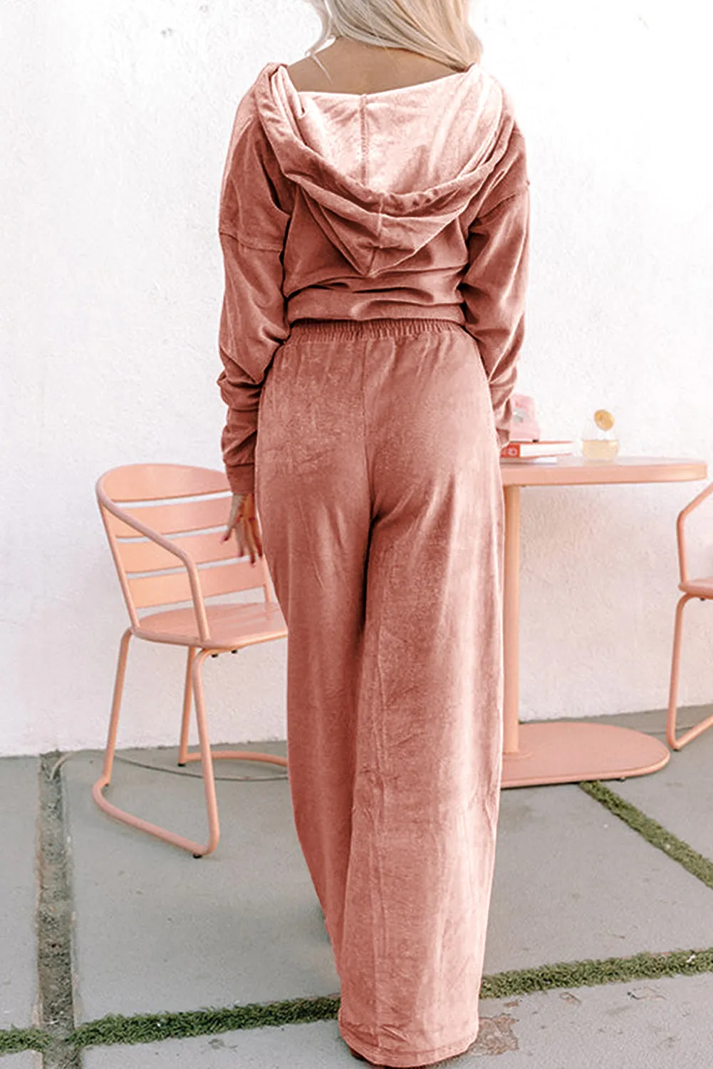 Peach Velvet Zip-up Hoodie and Wide Leg Trousers Co-ord Set sold by Beagle Boutique product image thumbnail 2