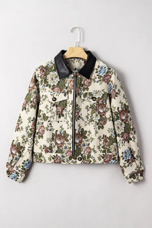 Khaki Floral Print Zip Up Contrast Collared Jacket sold by Beagle Boutique