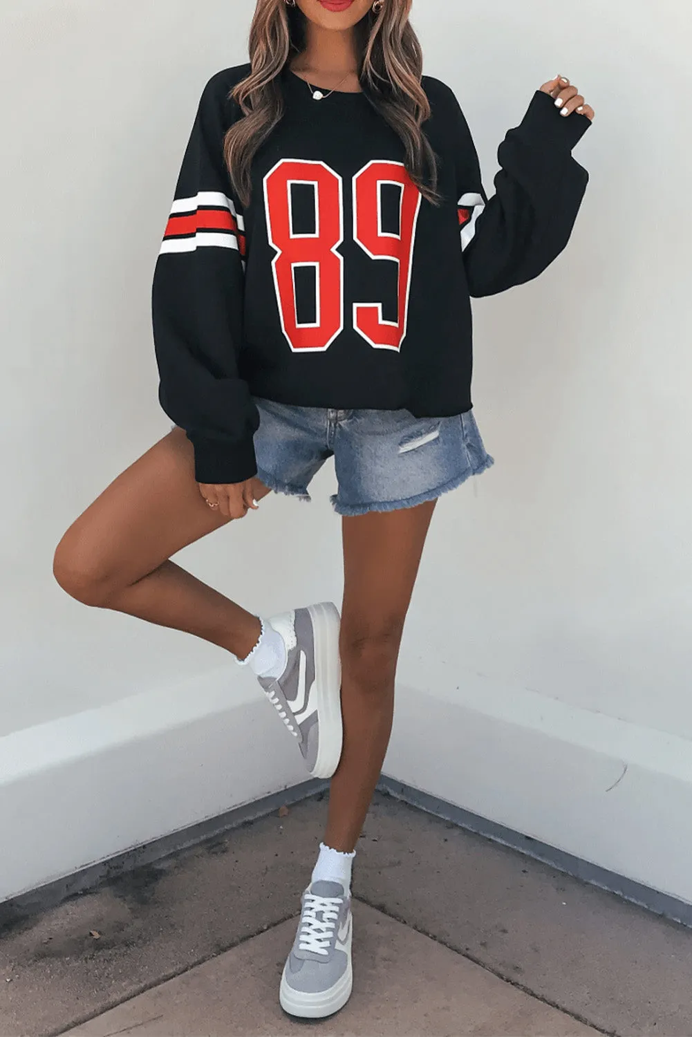 Black Varsity Spirit Striped 89 Graphic Casual Sweatshirt sold by Beagle Boutique product image thumbnail 4