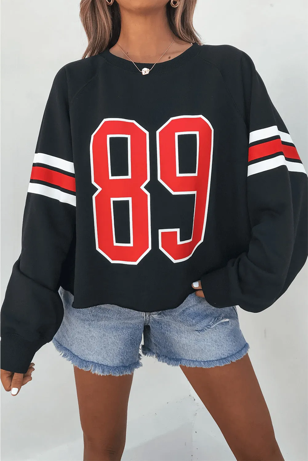 Black Varsity Spirit Striped 89 Graphic Casual Sweatshirt sold by Beagle Boutique product image thumbnail 3
