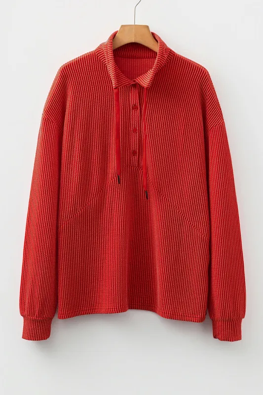 Racing Red Twist Ribbed Half Button Collared Drawstring Pullover Top sold by Beagle Boutique