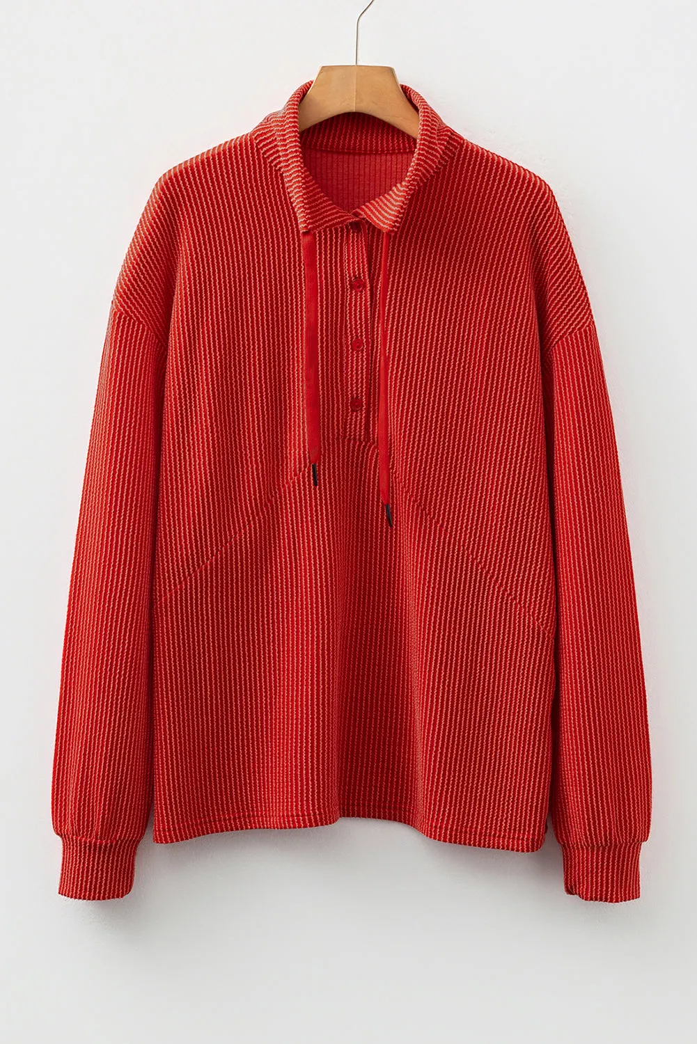 Racing Red Twist Ribbed Half Button Collared Drawstring Pullover Top sold by Beagle Boutique