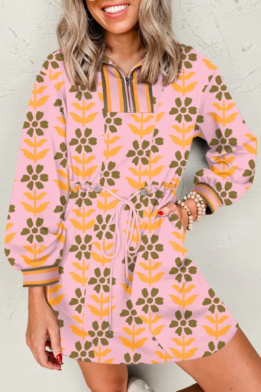 Pink Floral Print Zip Neck Striped Patchwork Long Sleeve Drawstring Dress sold by Beagle Boutique