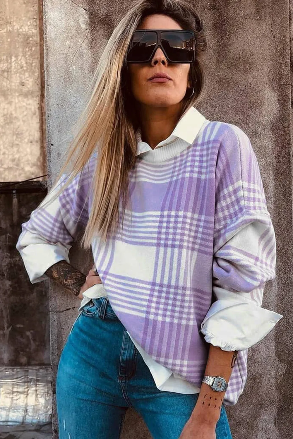 Lilac Plaid Print Ribbed Trim Loose Sweater sold by Beagle Boutique product image thumbnail 4