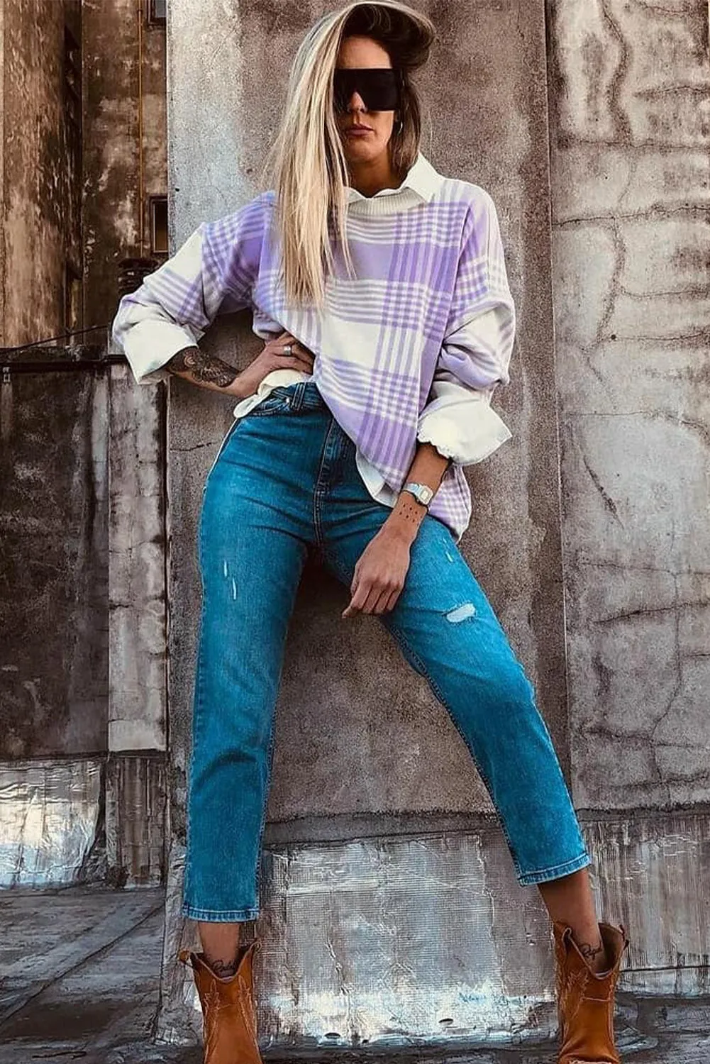 Lilac Plaid Print Ribbed Trim Loose Sweater sold by Beagle Boutique product image thumbnail 3