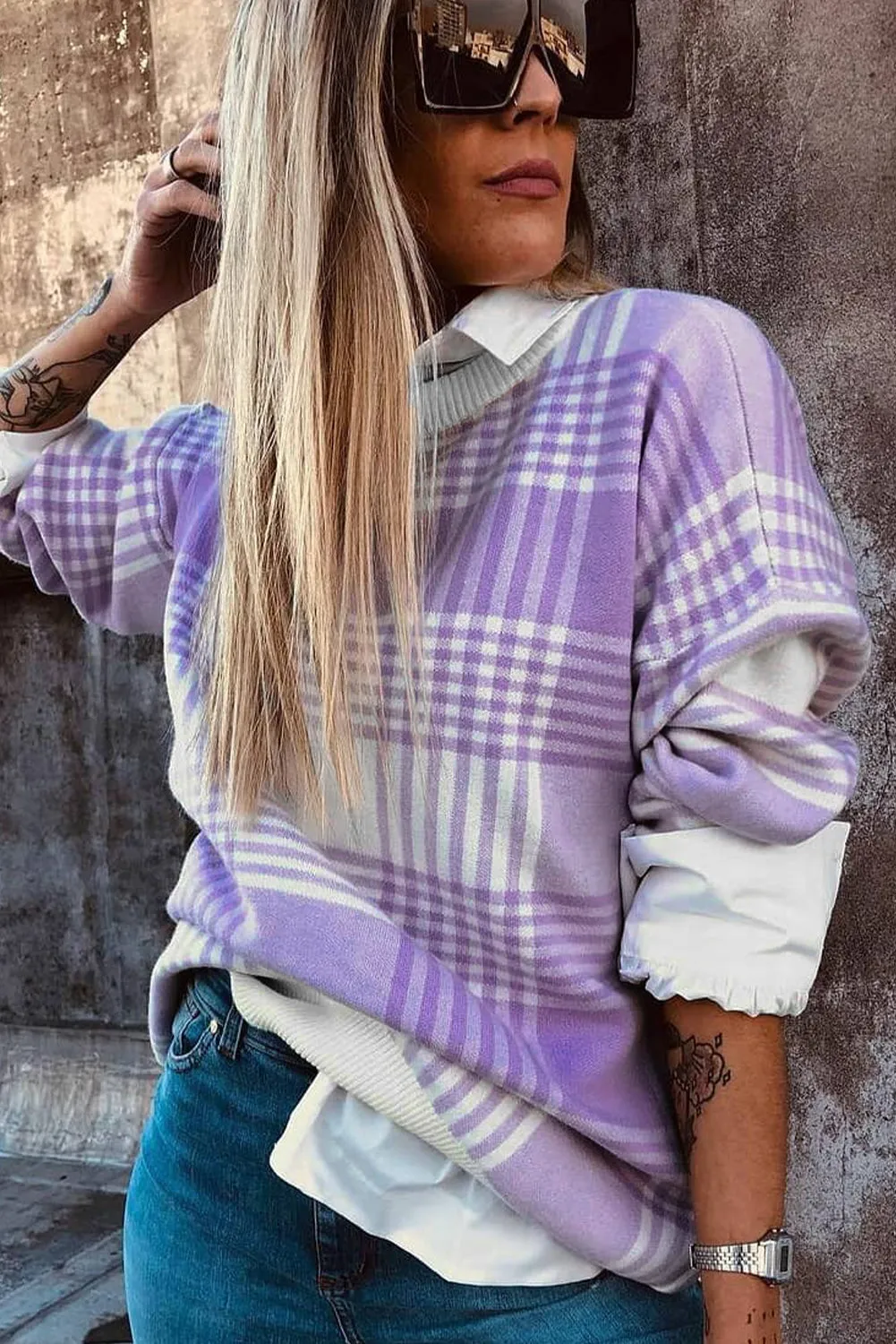 Lilac Plaid Print Ribbed Trim Loose Sweater sold by Beagle Boutique product image thumbnail 2