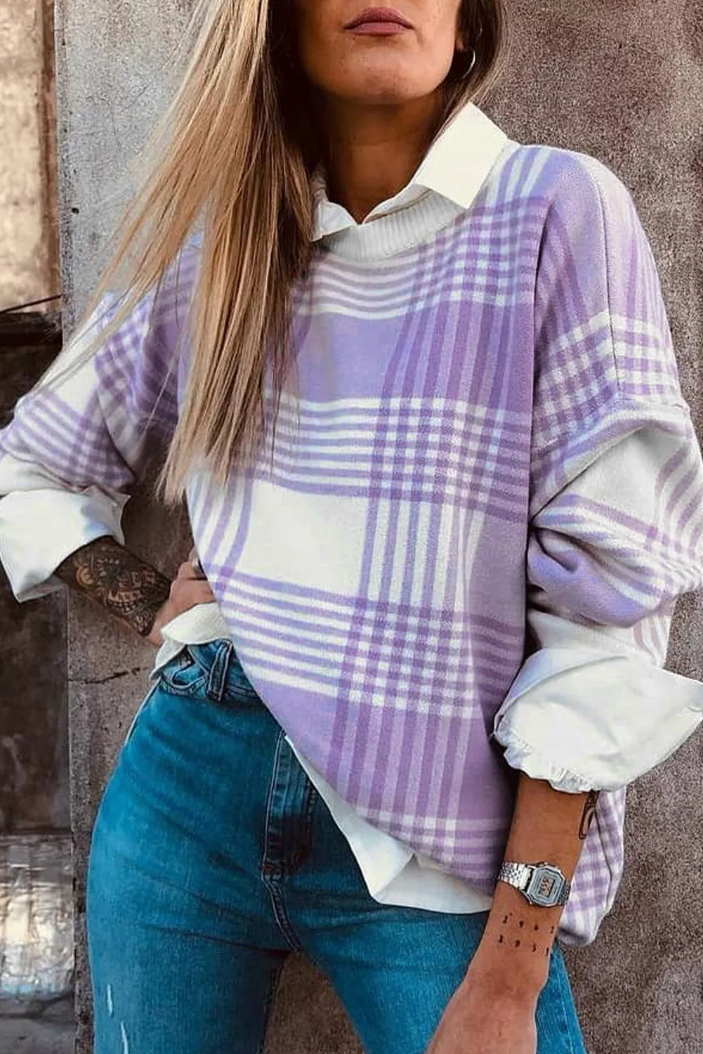 Lilac Plaid Print Ribbed Trim Loose Sweater sold by Beagle Boutique