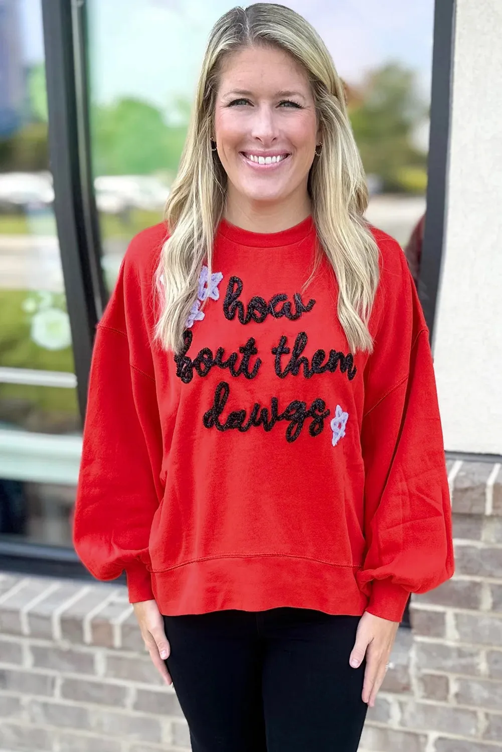 Fiery Red How Bout Them Dawgs Embroidered Script Balloon Sleeve Sweatshirt sold by Beagle Boutique product image thumbnail 3