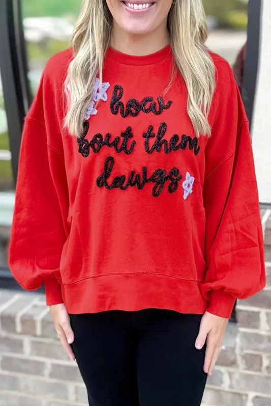 Fiery Red How Bout Them Dawgs Embroidered Script Balloon Sleeve Sweatshirt sold by Beagle Boutique