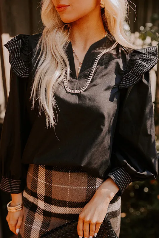 Black Contrast Stitched Detail V Neck Ruffle Long Sleeve Blouse sold by Beagle Boutique