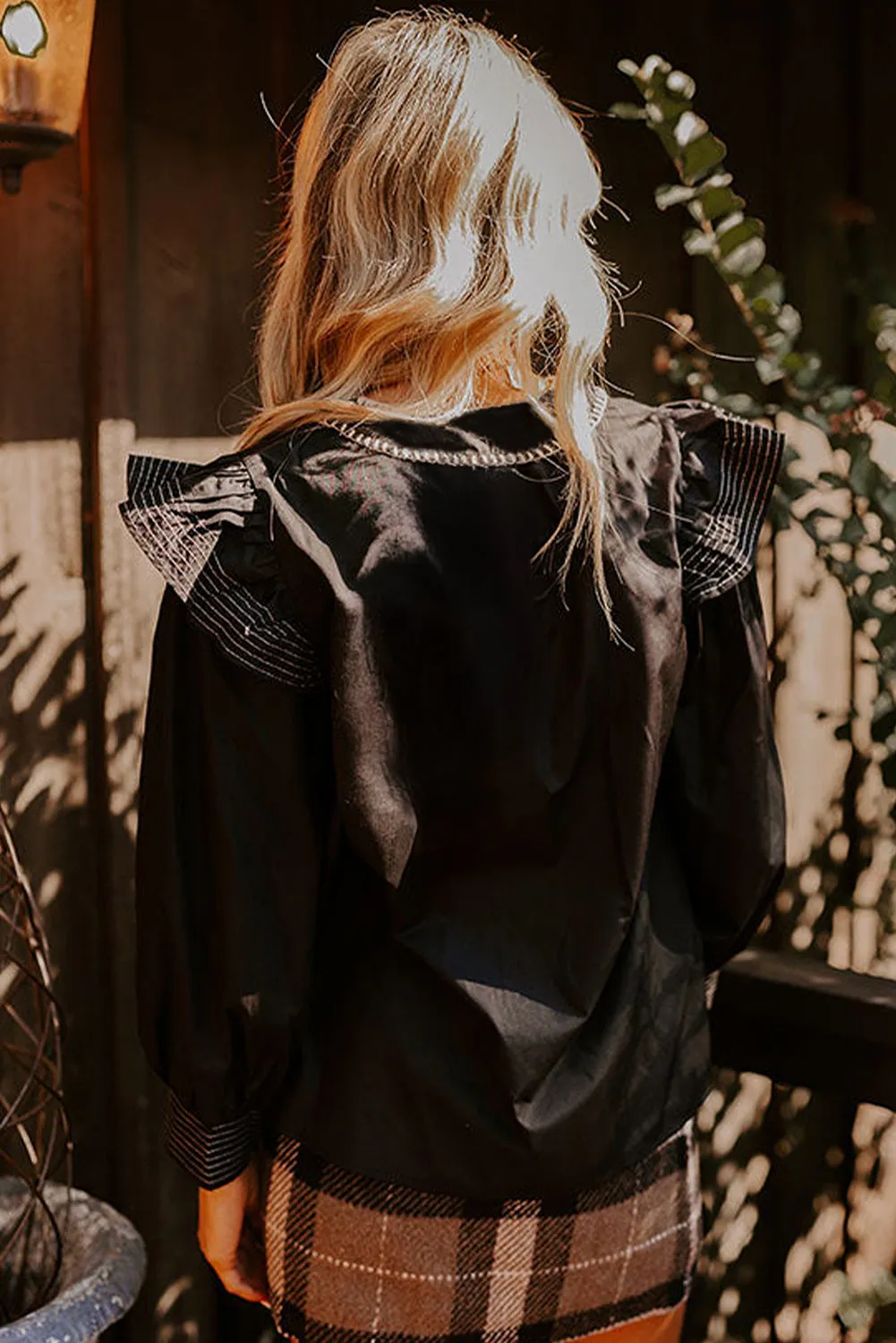 Black Contrast Stitched Detail V Neck Ruffle Long Sleeve Blouse sold by Beagle Boutique product image thumbnail 2