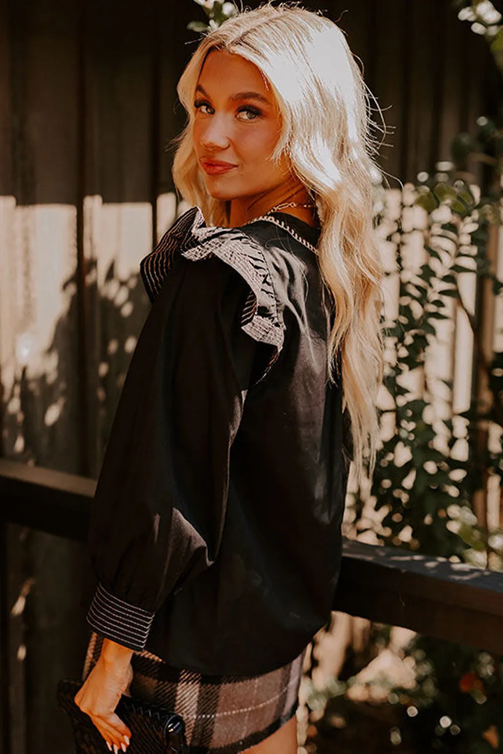 Black Contrast Stitched Detail V Neck Ruffle Long Sleeve Blouse sold by Beagle Boutique product image thumbnail 3