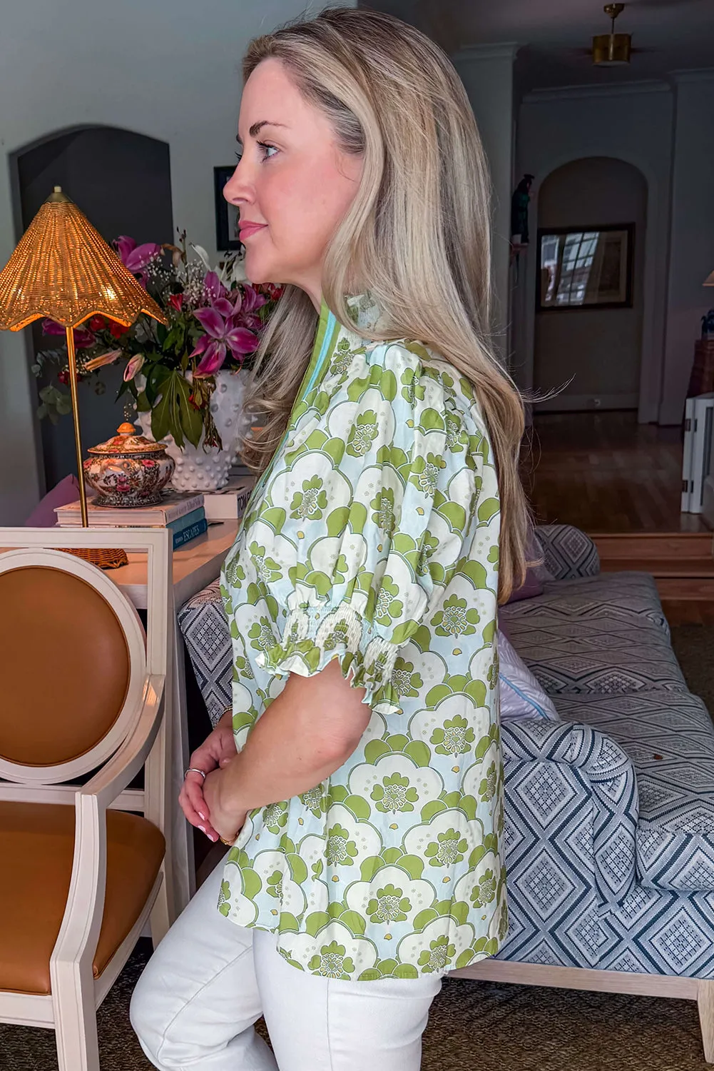 Green Floral Clouds Ruffled Short Sleeve Summer Blouse sold by Beagle Boutique product image thumbnail 3