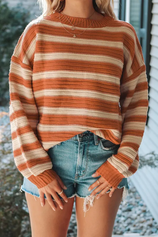 Orange Stripe Ribbed Trim Drop Shoulder Sweater sold by Beagle Boutique