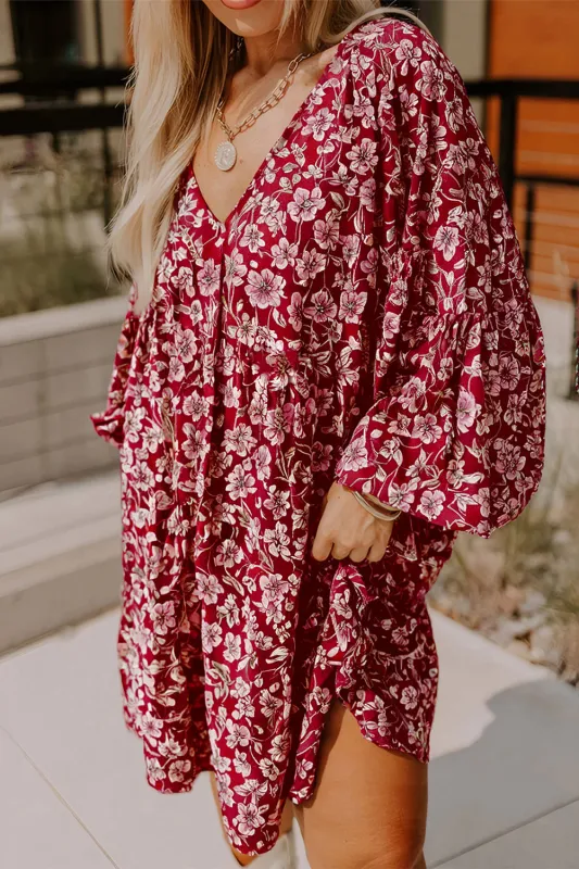 Purple Plus Floral Balloon Sleeve V Neck Relaxed Dress made by Beagle Boutique