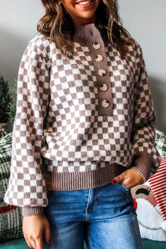 Dark Brown Half Button Ribbed Trim Checkerboard Knit Sweater sold by Beagle Boutique