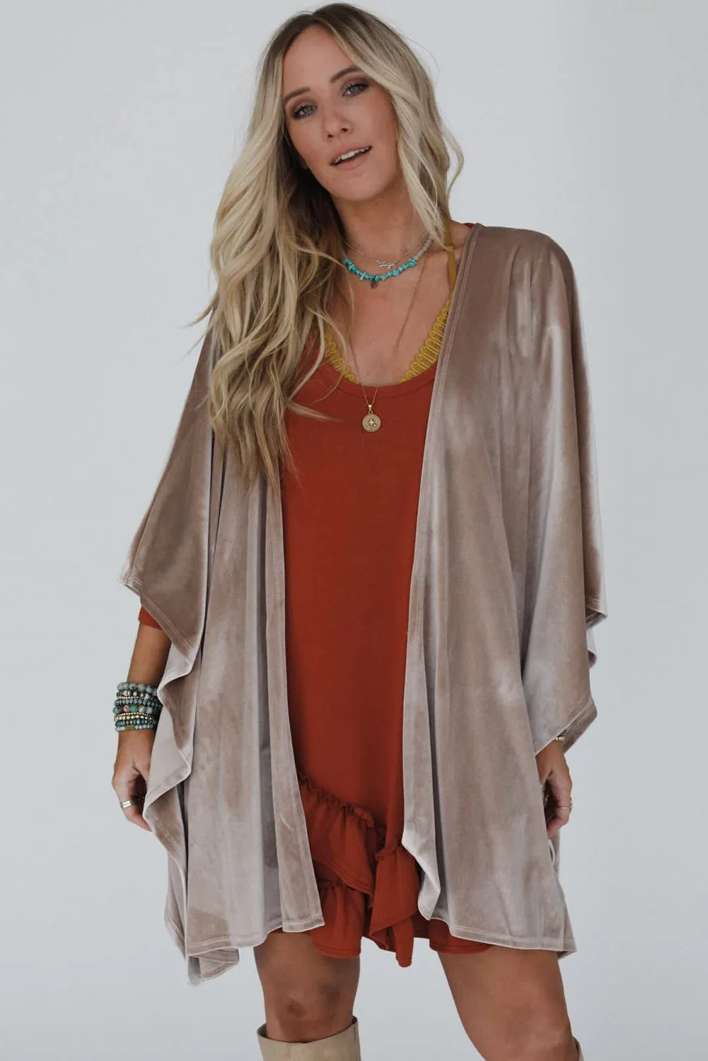 Smoke Grey 3/4 Sleeve Open Front Velvet Kimono sold by Beagle Boutique product image thumbnail 5