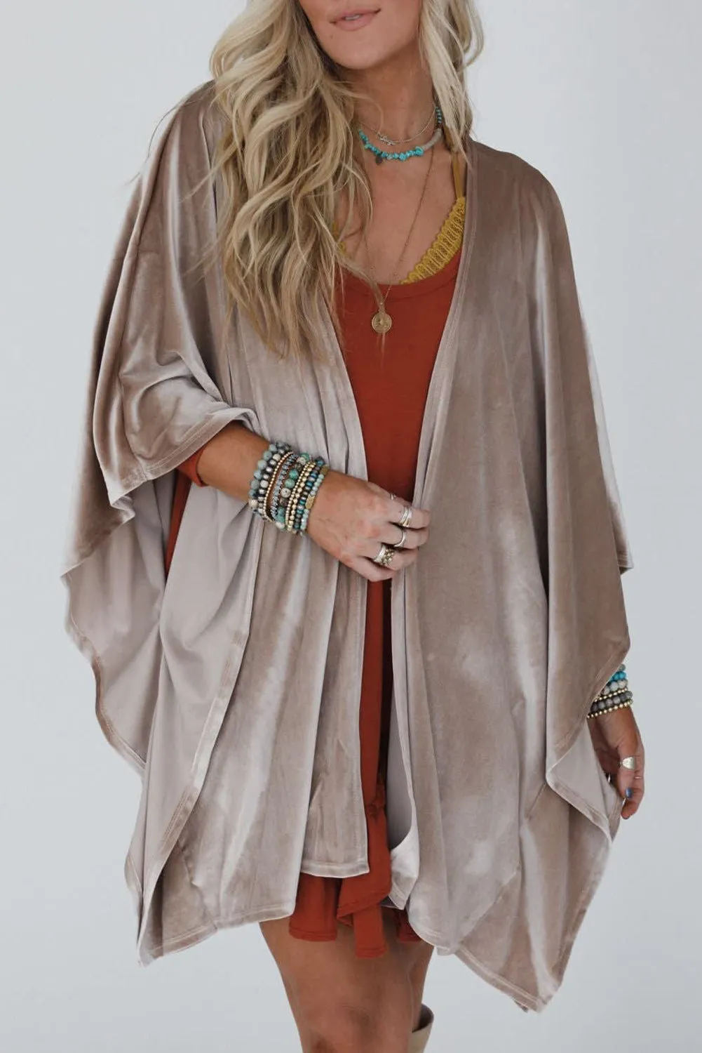 Smoke Grey 3/4 Sleeve Open Front Velvet Kimono sold by Beagle Boutique