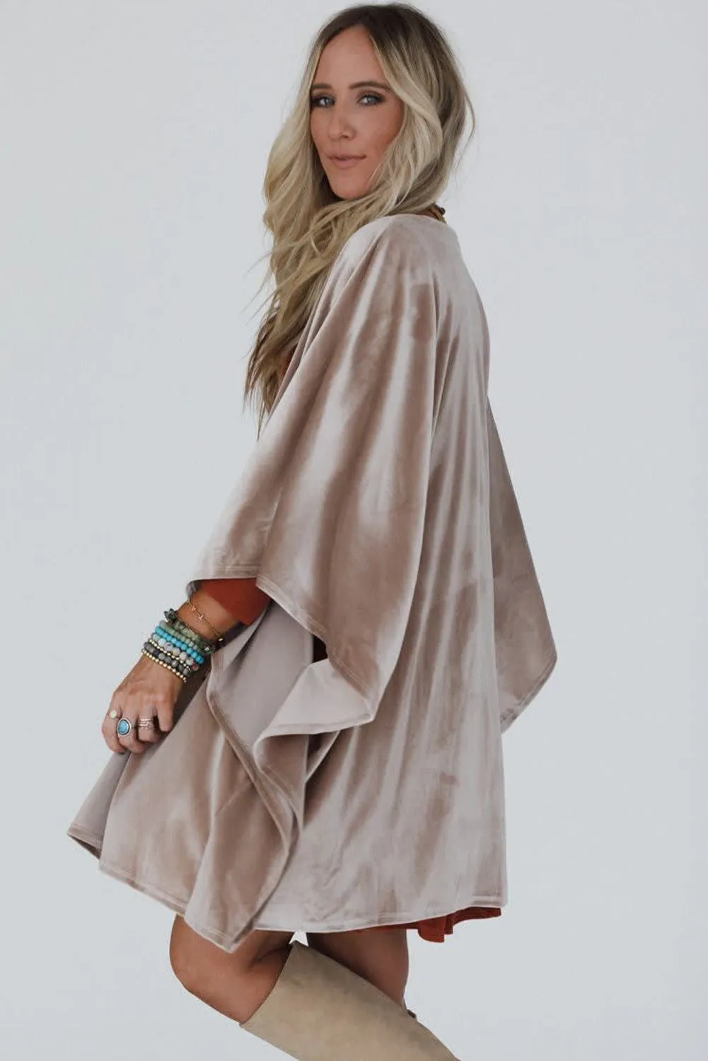 Smoke Grey 3/4 Sleeve Open Front Velvet Kimono sold by Beagle Boutique product image thumbnail 2
