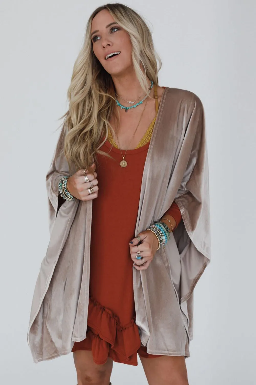 Smoke Grey 3/4 Sleeve Open Front Velvet Kimono sold by Beagle Boutique product image thumbnail 3