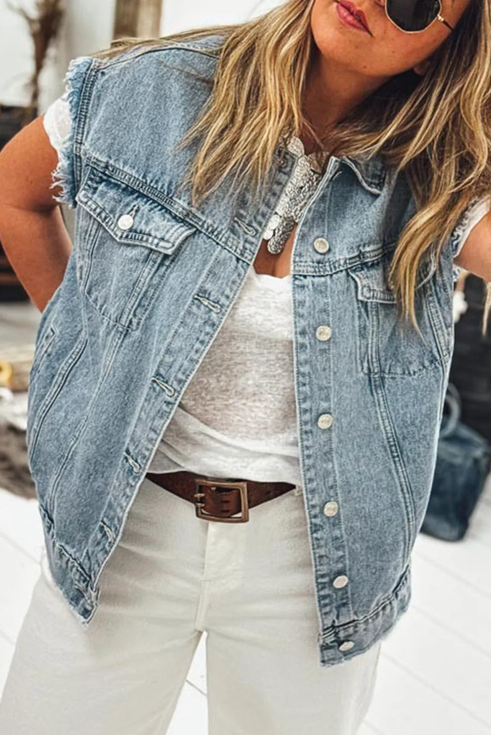 Button Flap Pocket Frayed Detail Denim Vest sold by Beagle Boutique product image thumbnail 3