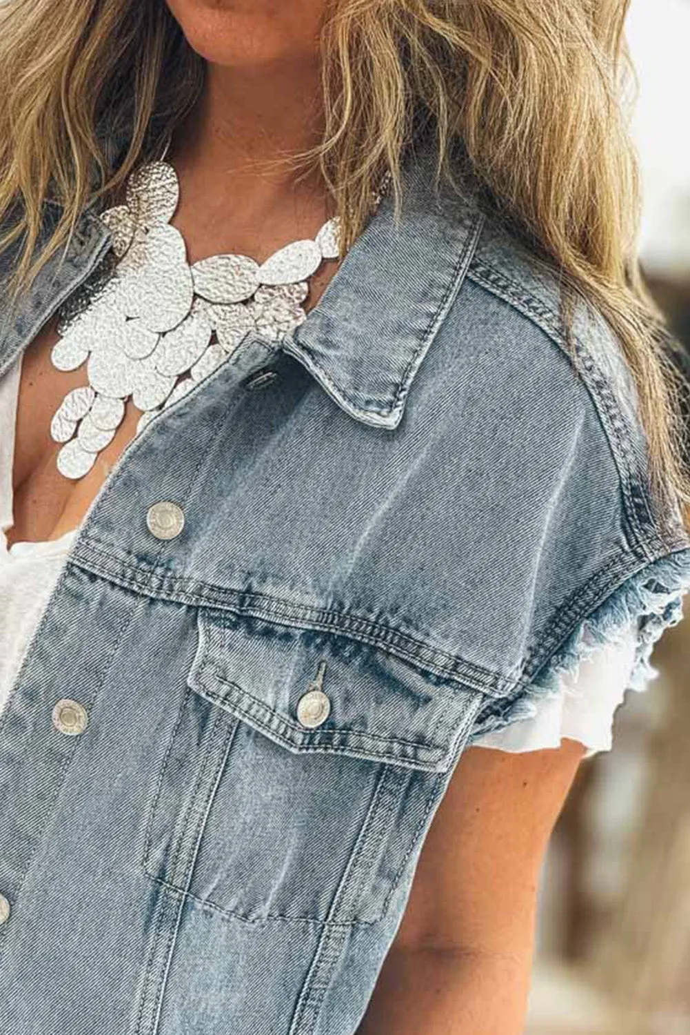 Button Flap Pocket Frayed Detail Denim Vest sold by Beagle Boutique product image thumbnail 4
