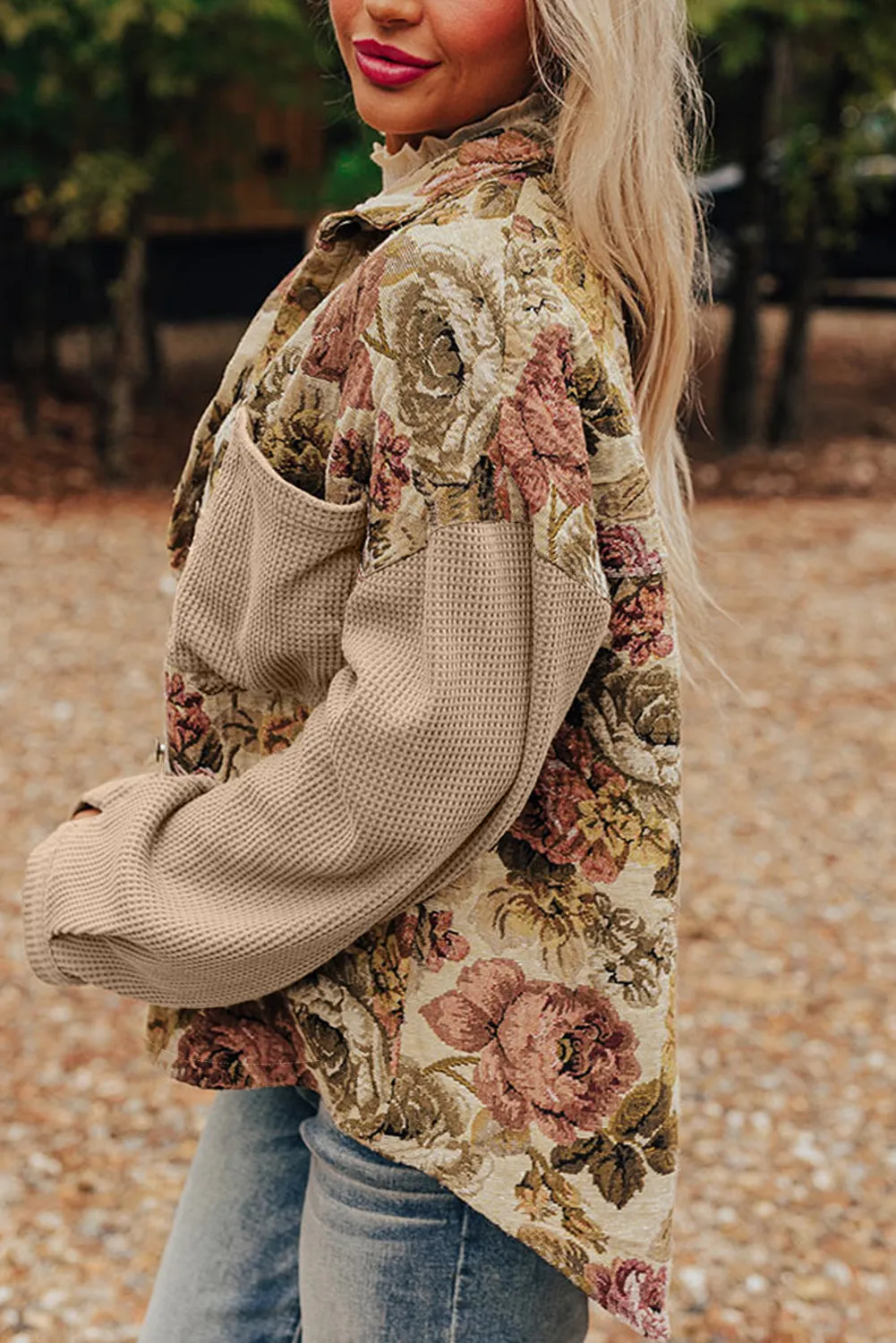 Khaki Floral Waffle Patchwork Chest Pockets Buttoned Jacket sold by Beagle Boutique product image thumbnail 3