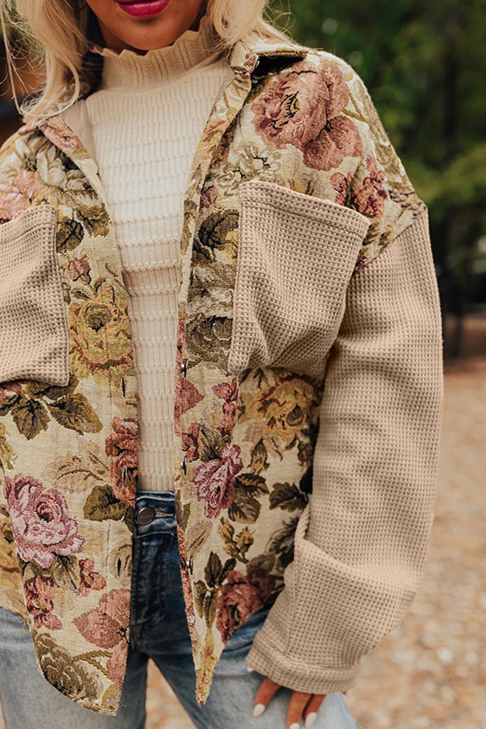 Khaki Floral Waffle Patchwork Chest Pockets Buttoned Jacket sold by Beagle Boutique product image thumbnail 4