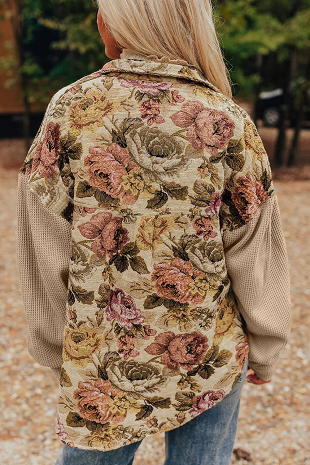 Khaki Floral Waffle Patchwork Chest Pockets Buttoned Jacket sold by Beagle Boutique product image thumbnail 2