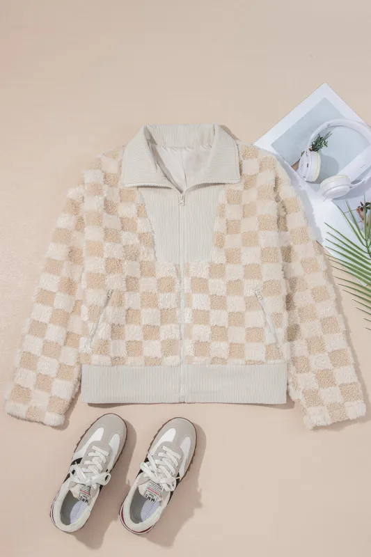 Checker Sherpa Corduroy Patchwork Zip up Collared Jacket sold by Beagle Boutique